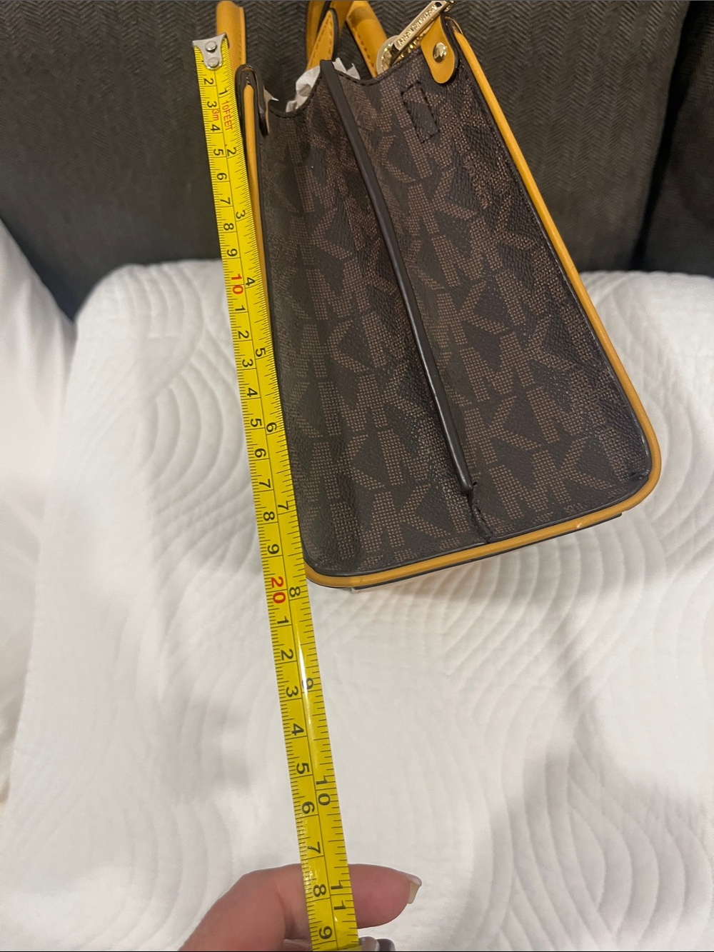Michael Kors Brown, Mustard & Cream Stripe Logo Satchel - Picture 5 of 6